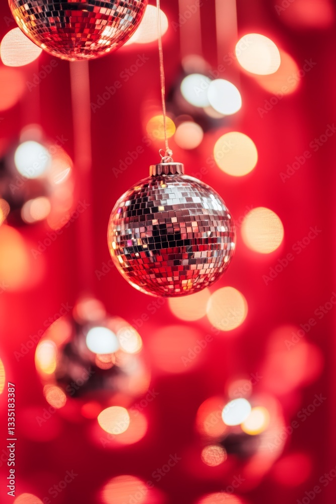 Abstract Close Up of Sparkling Disco Balls Against Vibrant Red Background with Blurry Motion Effect Abstract Close Up of Sparkling Disco Balls Against Vibrant Red Background with Blurry Motion Effect