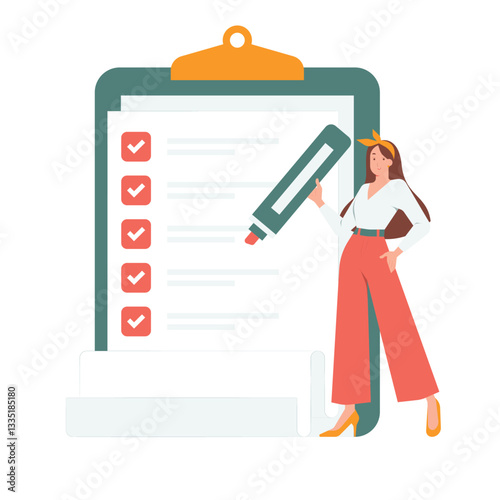 Flat illustration of woman hold giant pen standing with checklist clipboard to do list task management isolated on transparent background