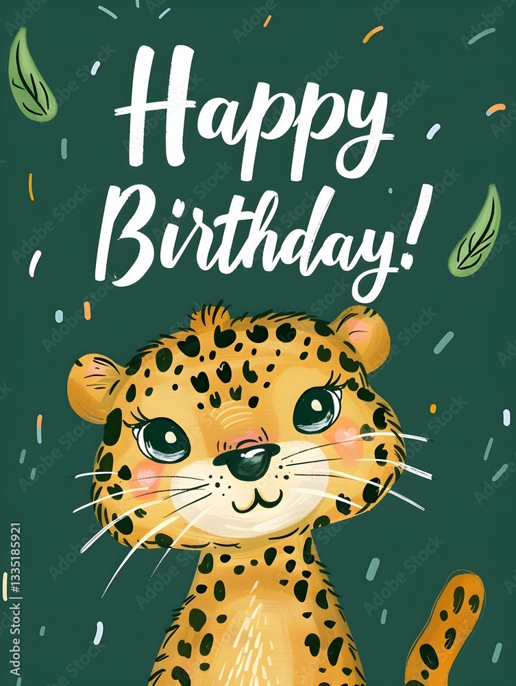 Naklejka premium Happy Birthday Card with a cute Leopard Illustration on a dark green Background