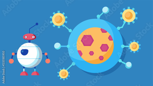 Repair Mechanism An illustration of a cell with broken membranes being restored by nanoscale robots each carrying a specific molecule depicted as colorful small spheres.