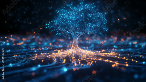 A glowing digital tree rooted in a cyber network, representing artificial intelligence and futuristic data processing. Rooted Intelligence. Illustration