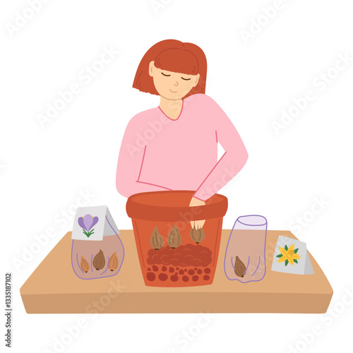 Woman planting flower bulbs in pot in flat cartoon design. Gardener putting narcissus layer for lasagna technology growing. Gardening and seasonal flowerpots in cut view. Vector illustration