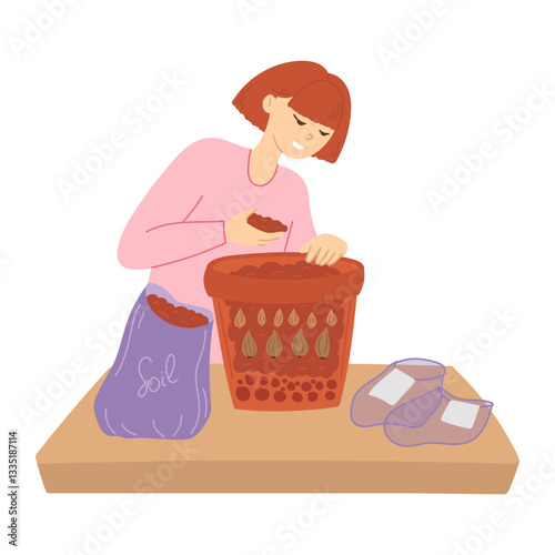 Woman planting flower bulbs in pot in flat cartoon design. Gardener putting soil under narcissus and crocus layers for lasagna technology growing. Gardening flowerpots in cut view. Vector illustration