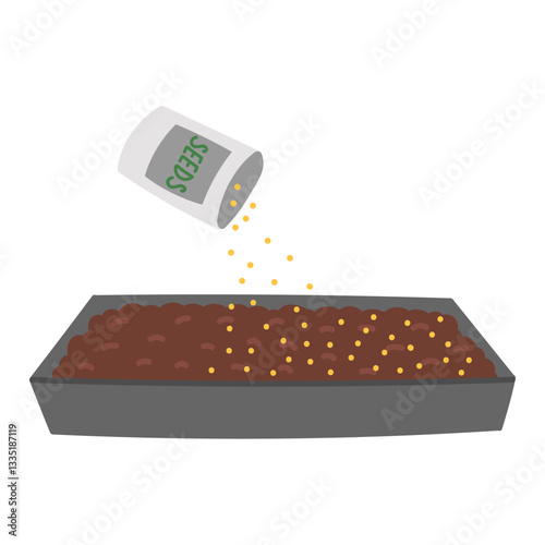 Sowing seeds in soil of growing tray in flat cartoon design. Paper package with yellow grains falling to garden. Plant germination, organic greenhouse and springtime gardening. Vector illustration
