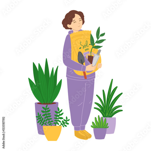 Woman shopping in garden store in flat cartoon design. Happy buyer holds soil mix package, seedling in cup, spray bottle and other gardener tools, standing by green plants in pots. Vector illustration