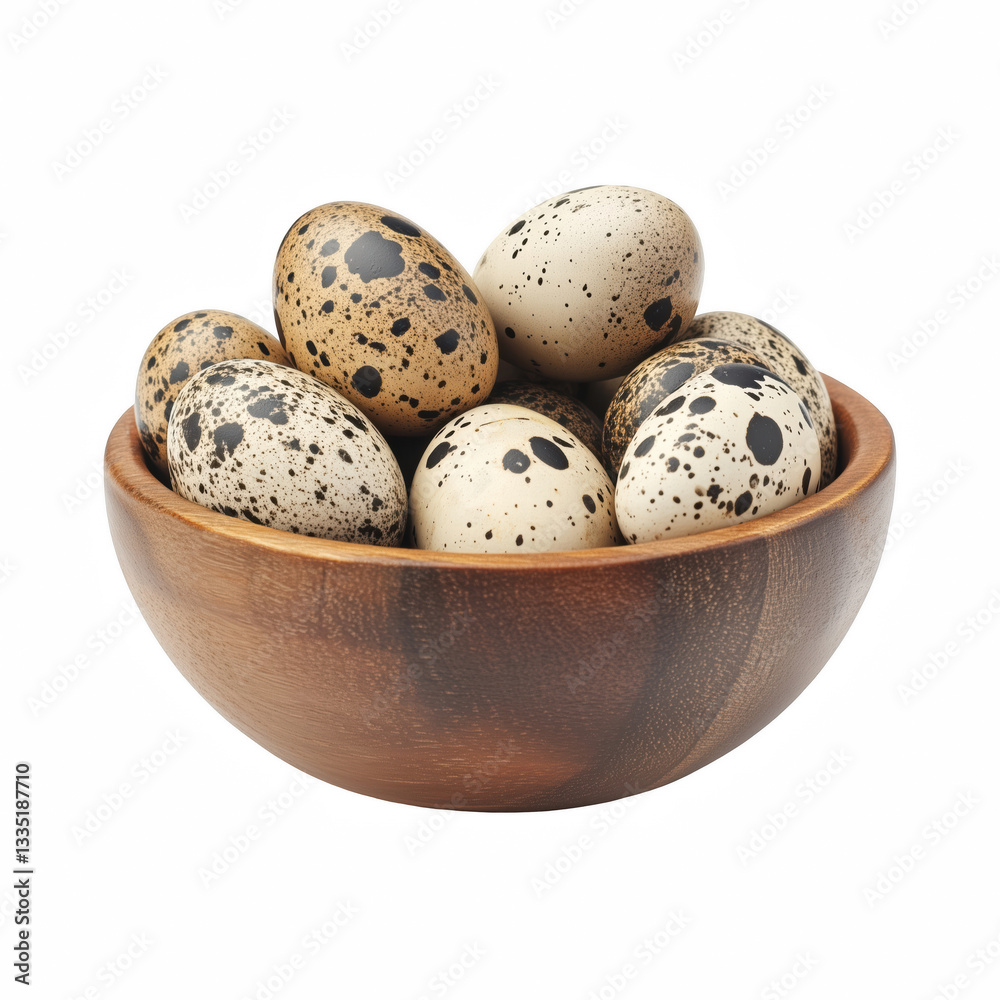 Obraz premium Speckled quail eggs in a wooden bowl, fresh organic food ingredient, natural protein source for gourmet cooking and healthy diet isolated on transparent background.
