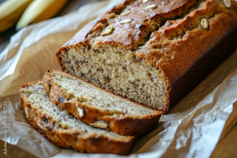 Delicious Freshly Baked Rustic Banana Bread Lying On Baking Paper Close Up Detail Delicious Freshly Baked Rustic Banana Bread Lying On Baking Paper Close Up Detail