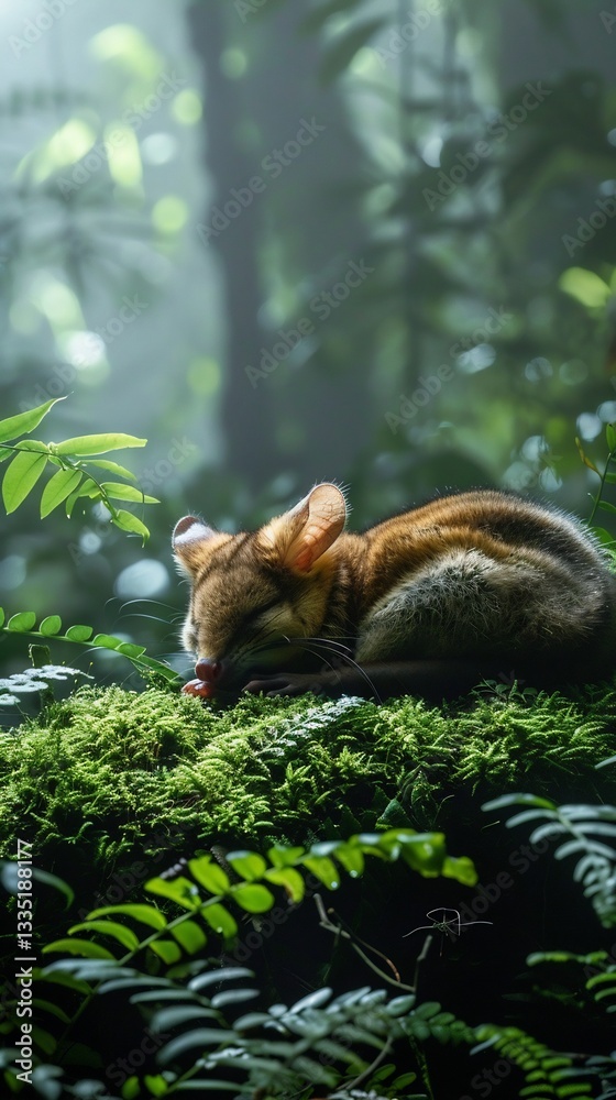 Obraz premium Serene photo of a Green Ringtail Possum resting on a bed of moss misty rainforest backdrop soft diffused light intricate fur details tranquil atmosphere and vibrant greenery
