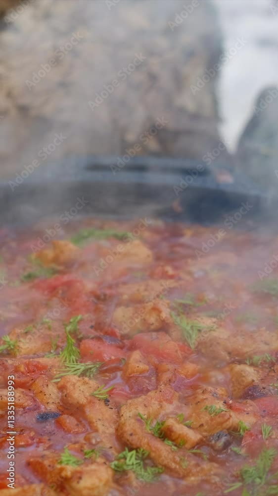 Vertical video of male hand puts green parsley to a steaming pan of colorful vegetables and meat at winter time. Cooking outdoors concept Vertical video of male hand puts green parsley to a steaming pan of colorful vegetables and meat at winter time. Cooking outdoors concept