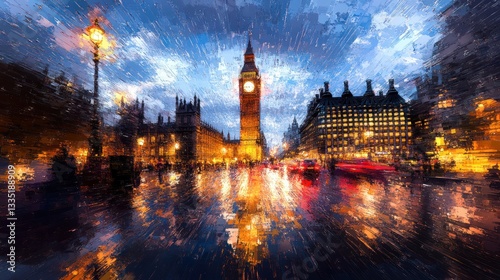 Vintage European Cityscape: Rainy Night in 19th Century London Street Painting