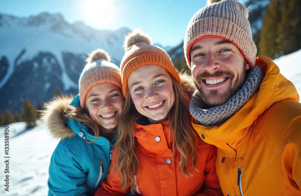 Close-up portrait of happy family on ski vacation in snowy mountain. Father, two daughters enjoy winter joyful vacation. Smiling, have fun in cold weather on recreation in ski resort, togetherness. Close-up portrait of happy family on ski vacation in snowy mountain. Father, two daughters enjoy winter joyful vacation. Smiling, have fun in cold weather on recreation in ski resort, togetherness.