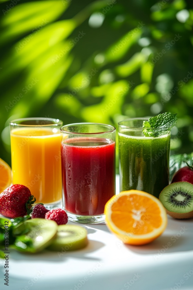 Fresh Fruit Juices in Clear Containers with Natural Ingredients on White Table Against Green Background Fresh Fruit Juices in Clear Containers with Natural Ingredients on White Table Against Green Background