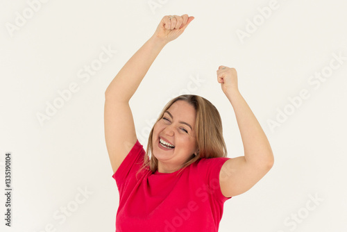 Wallpaper Mural Excited young woman reacting to win, surprise news, screaming and cheering, triumphing, achieve goal and celebrating, standing over white background Torontodigital.ca