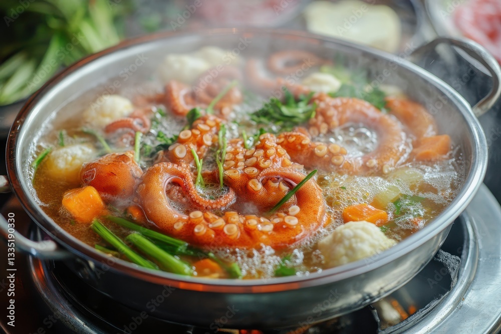Entire octopus simmering in a pot with water and vegetables red tentacles cooking Entire octopus simmering in a pot with water and vegetables red tentacles cooking