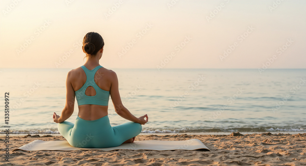 Fototapeta premium A serene scene of a woman practicing yoga on the beach during sunset, focusing on relaxation and mindfulness, enhanced by the tranquil ocean view and the soft golden hues of the setting sun.