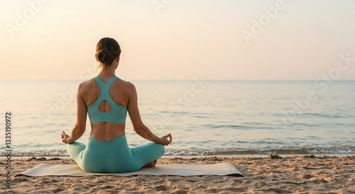 A serene scene of a woman practicing yoga on the beach during sunset, focusing on relaxation and mindfulness, enhanced by the tranquil ocean view and the soft golden hues of the setting sun.