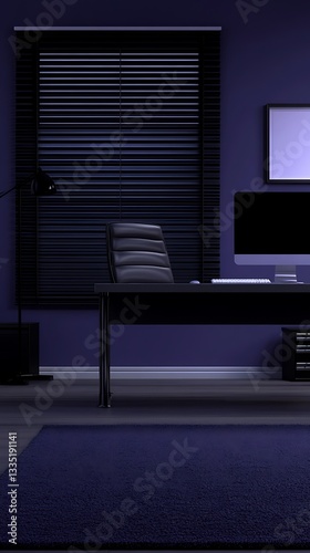 Dark purple home office interior at night photo