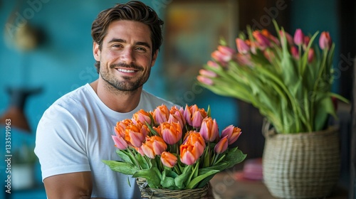 portrait of  handsome man with tulips