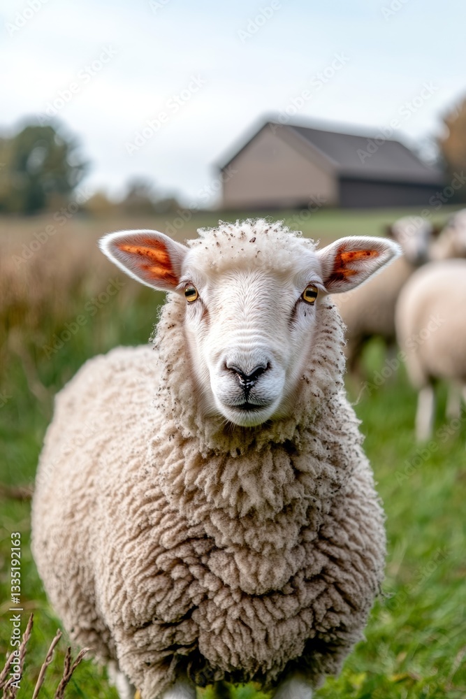 Sheep grazing peacefully on a lush green meadow with a farm in the background Sheep grazing peacefully on a lush green meadow with a farm in the background