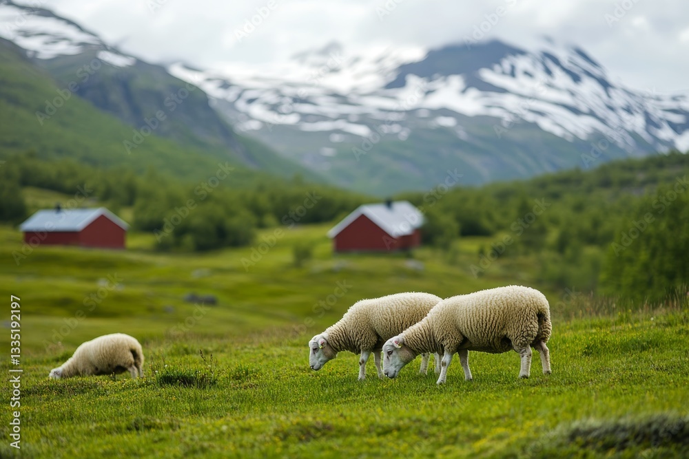 Fototapeta premium Sheep grazing peacefully on a lush green meadow with a farm in the background