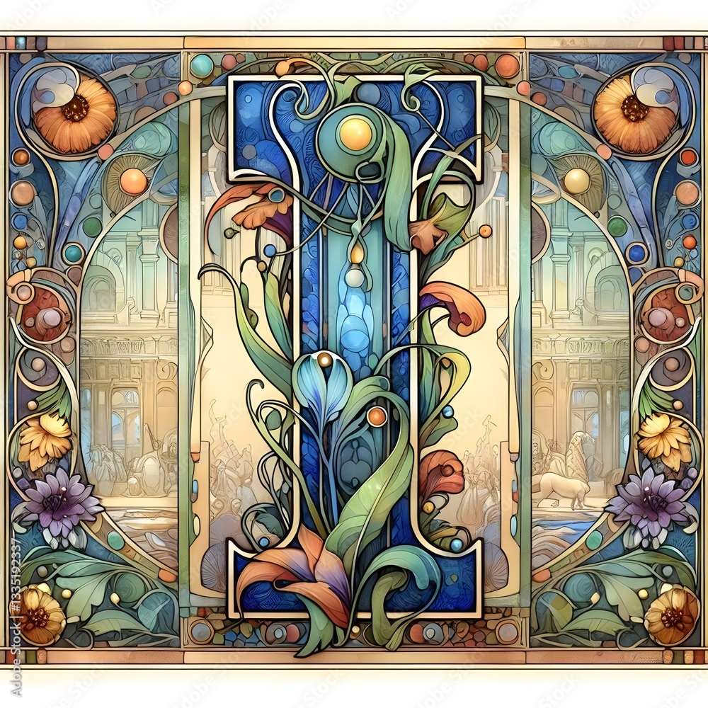 Fototapeta premium 아르누보 느낌의 일러스트, 알파벳 I, jpeg (Art Nouveau style illustration, Alphabet I, jpeg)