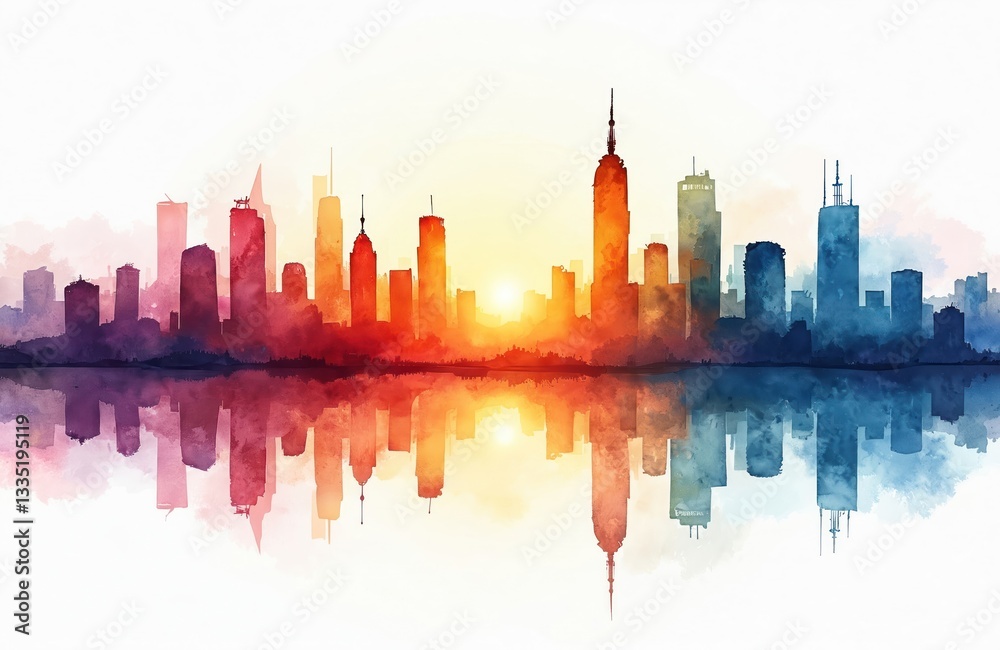 Naklejka premium Watercolor sunset illustration of city skyline with skyscrapers reflected in water. Evening urban landscape features buildings, architecture, metropolis, road, tower with sunset skyline. Community,