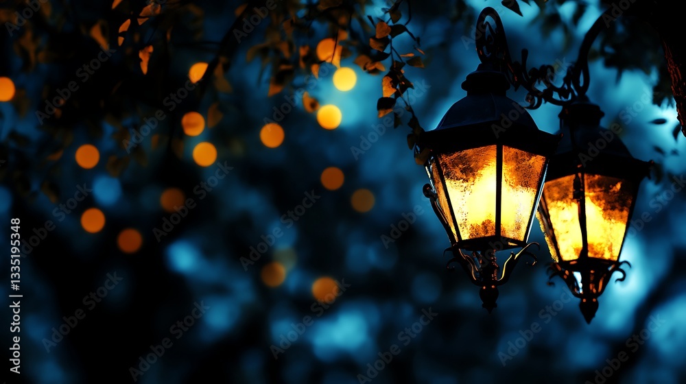 Two old street lanterns illuminate the path at dusk, inviting nighttime strolls Two old street lanterns illuminate the path at dusk, inviting nighttime strolls
