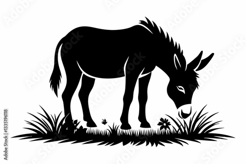 donkey eat grass line art silhouette vector illustration