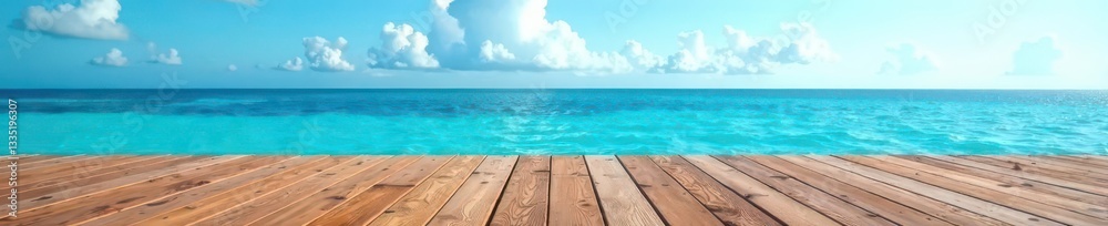 Fototapeta premium Elevated wooden platform overlooking serene blue ocean, texture, beach