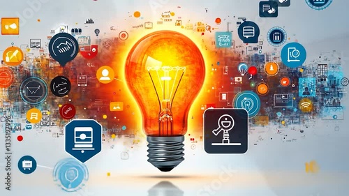 Vibrant light bulb surrounded by digital icons representing innovation and technology