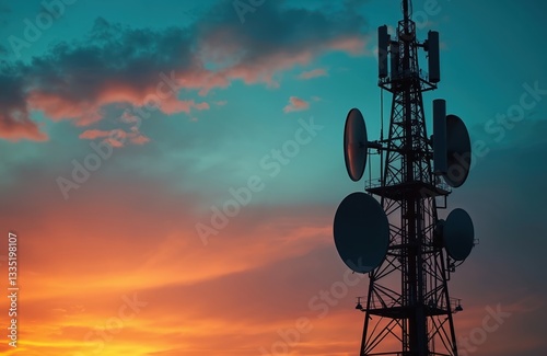 Silhouette of telecommunication tower, antenna, satellite dish at vibrant sunset sky. Telecom station mast transmits mobile phone signal through wireless network. Modern tech equipment for digital