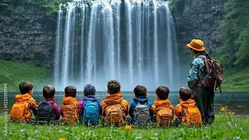 Students observe waterfall, nature education