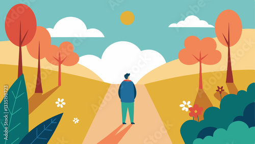 Nature Walks An illustration featuring a person walking along a trail surrounded by trees and flowers with soft rays of sunshine breaking through. Show their peaceful demeanor as