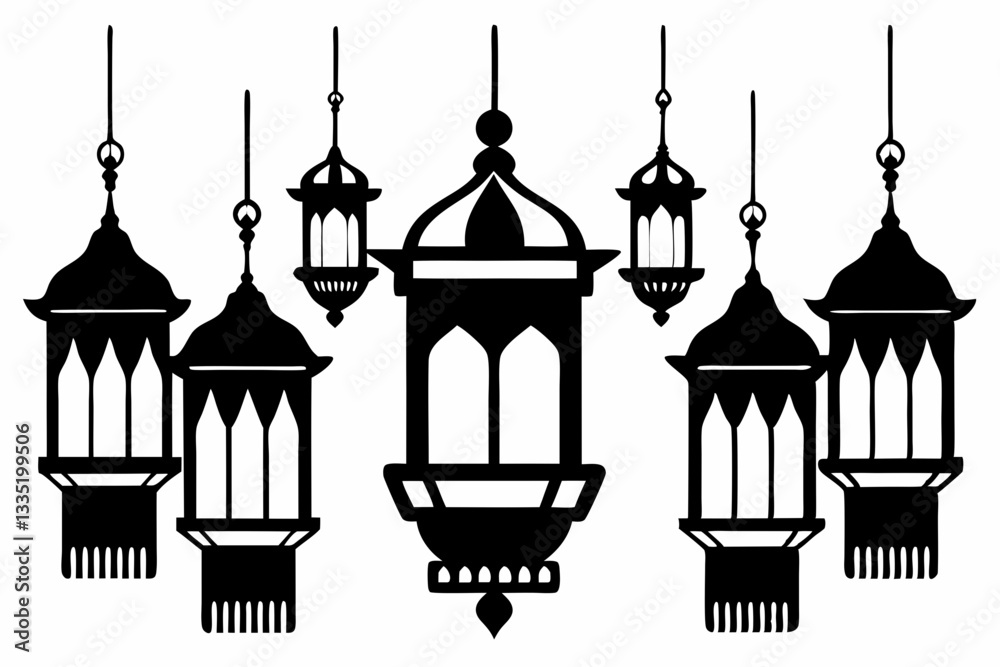Obraz premium islamic eid lanterns line art silhouette vector illustration
