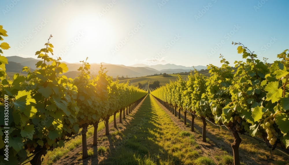 Fototapeta premium Peaceful Vineyard Landscape Under Bright Blue Sky at Sunset
