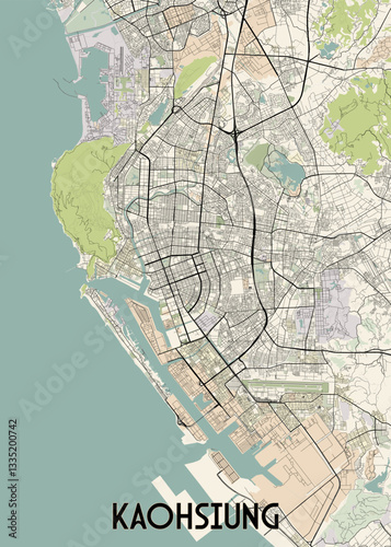 This detailed map showcases the city of Kaohsiung, Taiwan. The map features a light beige background with a network of black lines representing streets and roads.