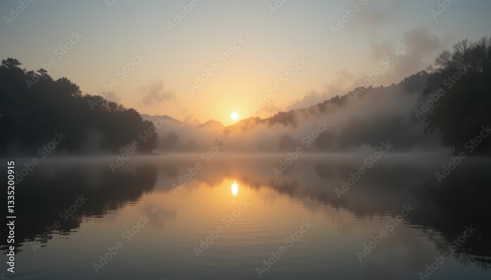 Obraz premium Serene Sunrise Over Misty Lake with Mountains and Reflective Water