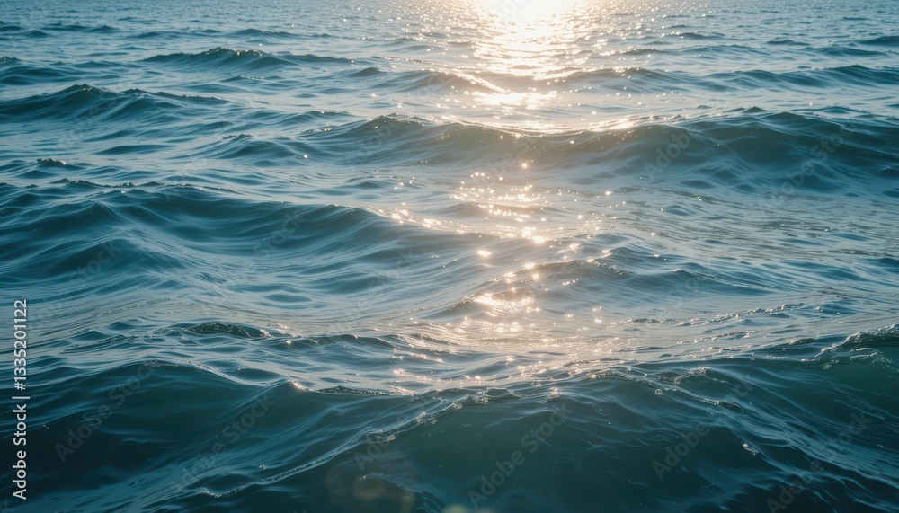 Fototapeta premium Calm Ocean Waves Reflecting Glimmering Sunlight at Dusk
