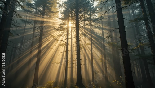 Serene Forest Scene with Sunlight Filtering Through Tall Trees