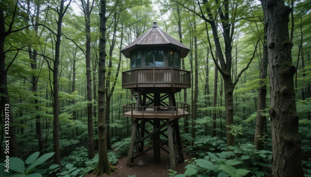 Cozy wooden treehouse nestled in lush green forest landscape Cozy wooden treehouse nestled in lush green forest landscape