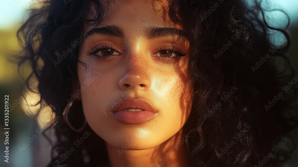 Fototapeta premium Close-Up Portrait of Woman with Curly Hair and Soft Sunlight