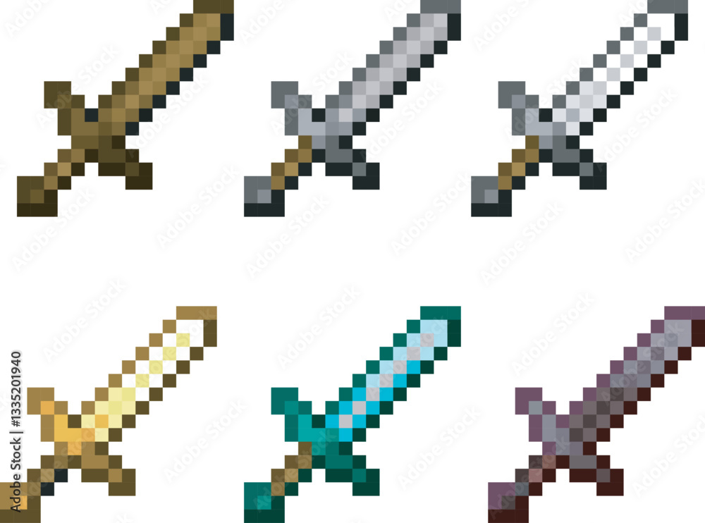 Fototapeta premium Set of pixelated rgb swords icons, pixel art, game