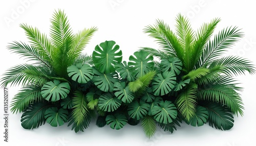 Lush green tropical plant border with palm and monstera leaves isolated on white background. Jungle forest foliage adds exotic touch. Perfect for summer vacation, travel, nature themes.