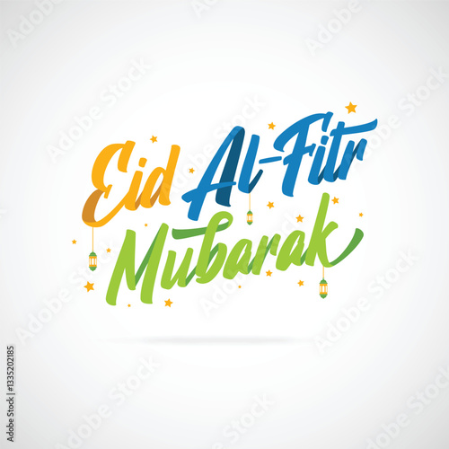 Celebratory Eid Al-Fitr greeting with stars and lanterns, ideal for festive holiday designs like cards, banners, posters, social media posts.