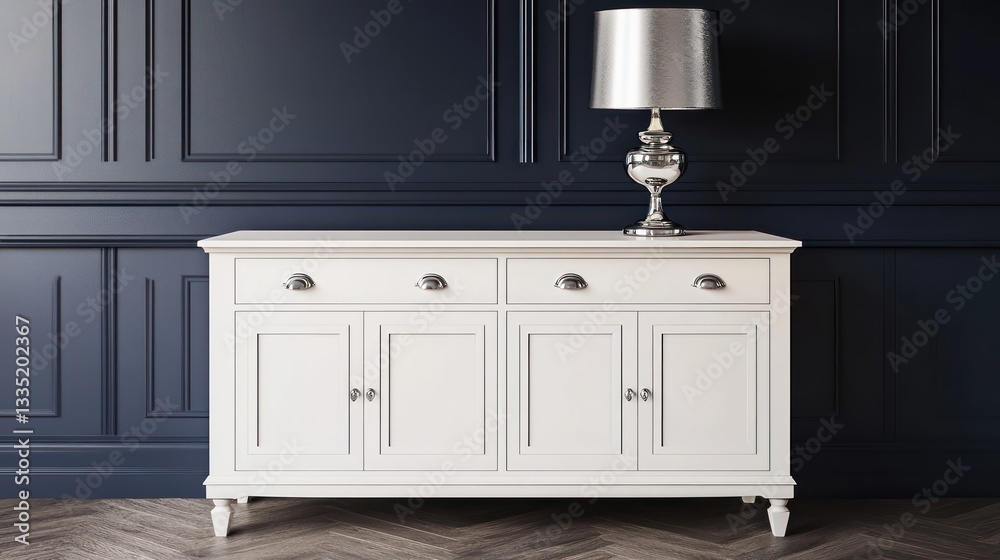A white-painted sideboard with a light wood finish, featuring two drawers and three doors