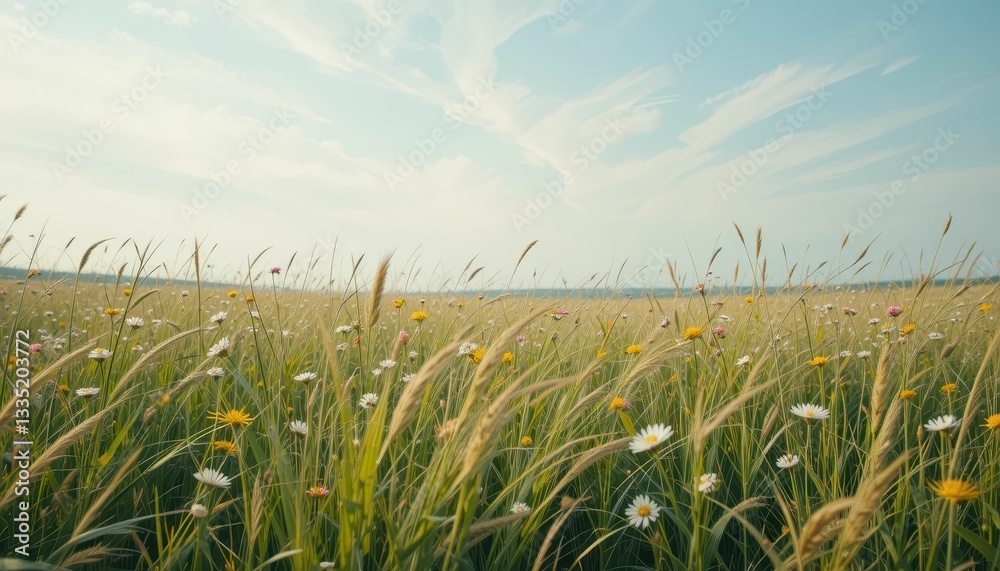 Fototapeta premium Serene Field of Wildflowers Under Bright Blue Sky and Gentle Breeze