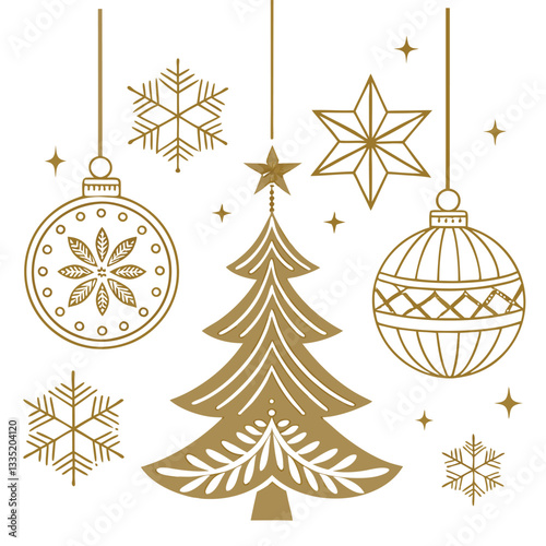 Elegant Holiday Decorations: A set of delicate, gold-colored Christmas ornaments hangs with festive flair, creating a visual symphony of joy and wonder. Capture the true spirit of the holiday.