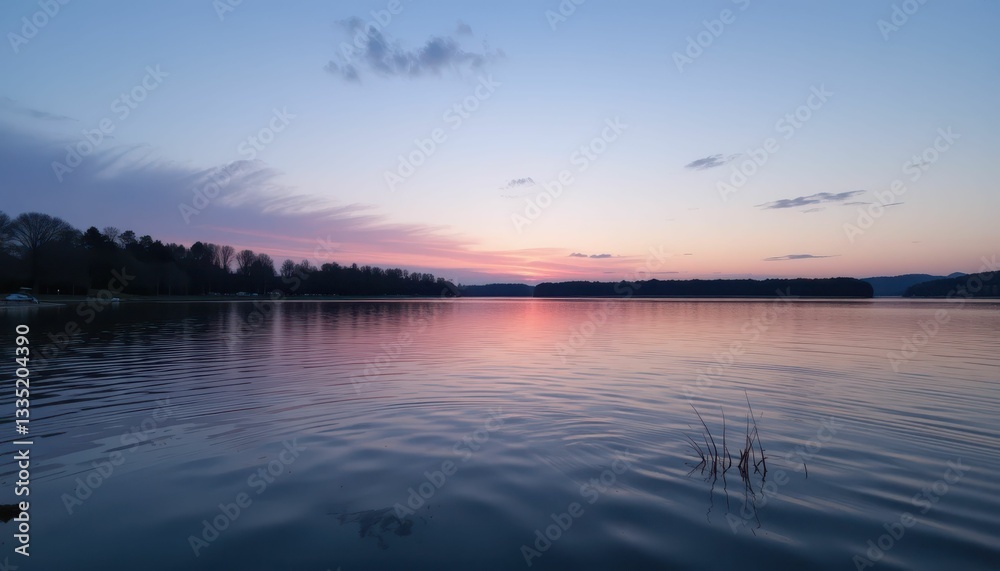 Tranquil Sunset Over Calm Water Reflecting Warm Colors in Sky Tranquil Sunset Over Calm Water Reflecting Warm Colors in Sky