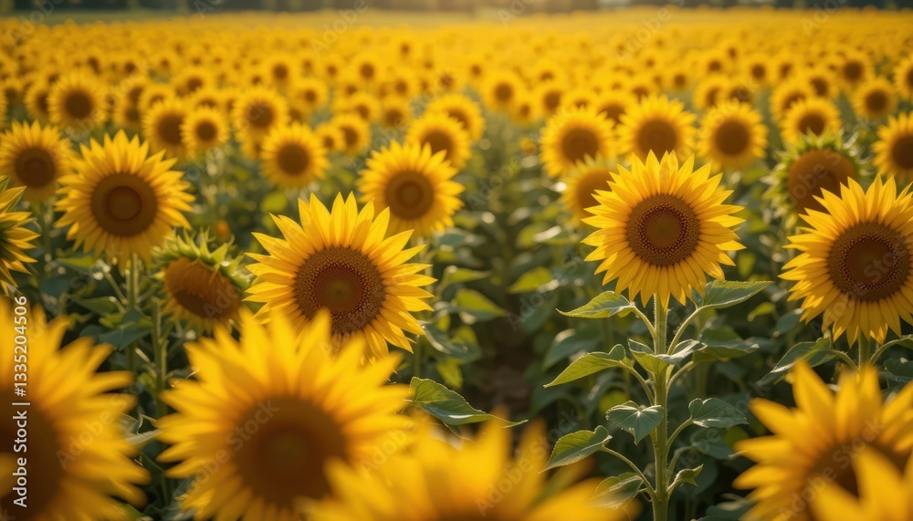 Vibrant Sunflower Field Under Bright Sky at Golden Hour Vibrant Sunflower Field Under Bright Sky at Golden Hour