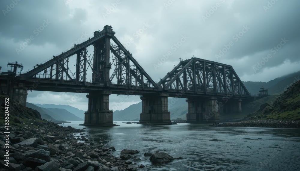 Naklejka premium Old Iron Bridge Over River with Dramatic Cloudy Sky